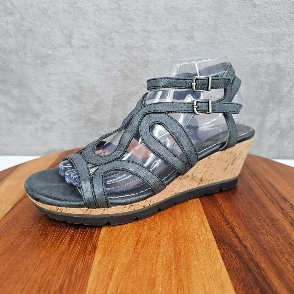 Bussola Saint Tropez Wedges Sandals 40 9.5 Black Graphite Leather Cork Strappy - Picture 16 of 16
